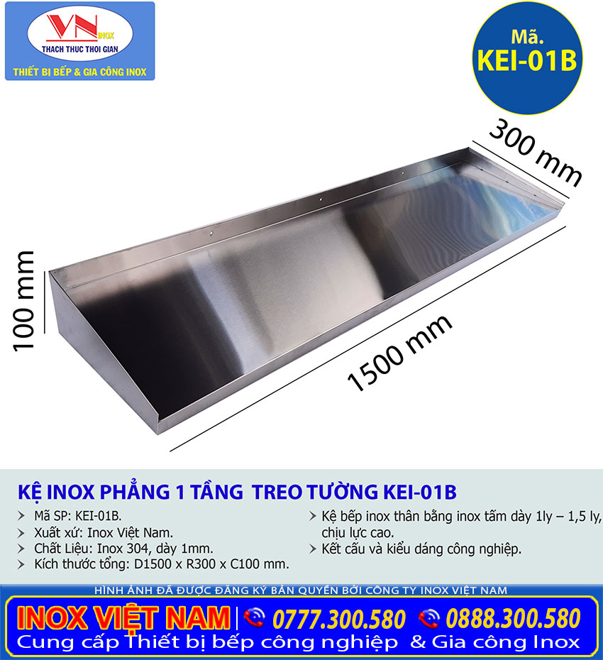 Kích thước lệ inox 1 tầng treo tường giá tốt dạng phẳng. mã KEI-01B