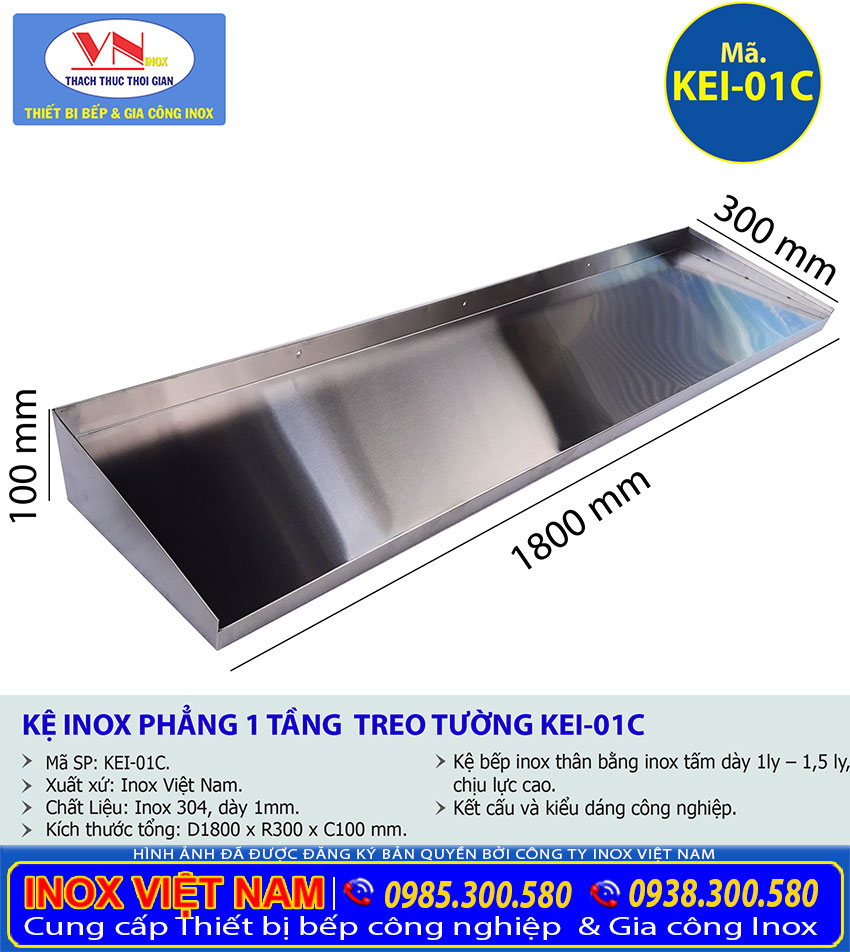 Kích thước lệ inox 1 tầng treo tường giá tốt dạng phẳng. mã KEI-01B