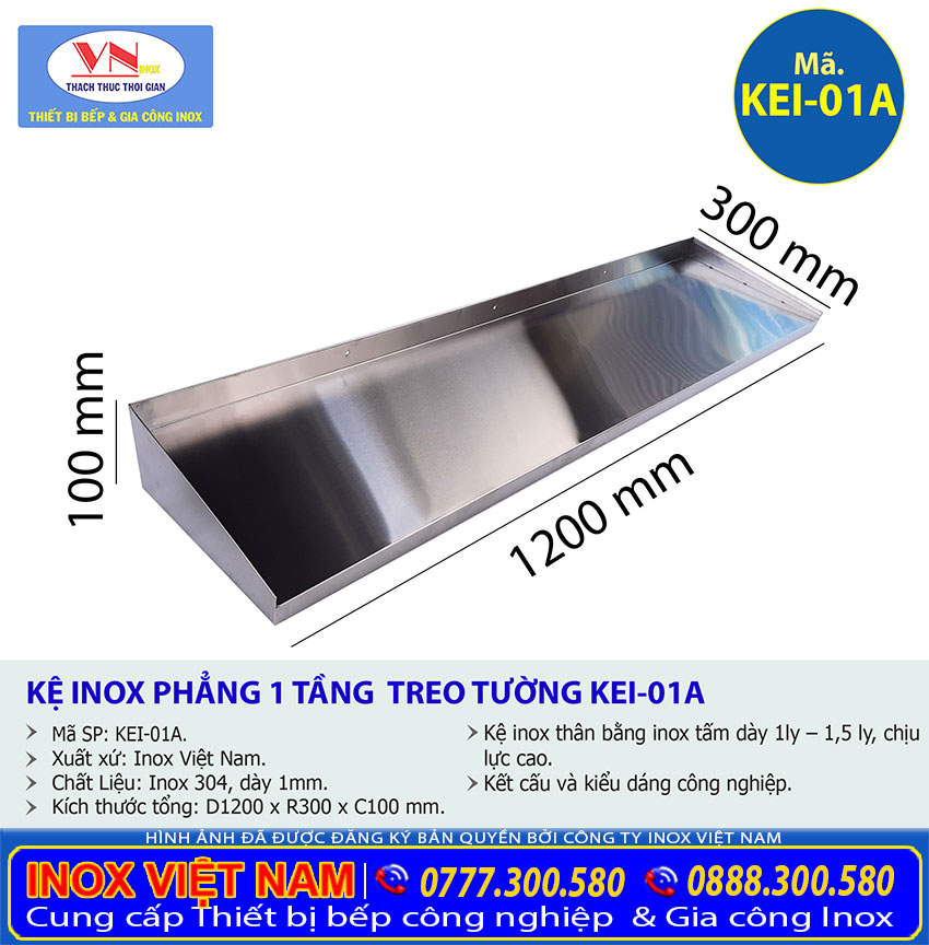 Kích thước lệ inox 1 tầng treo tường giá tốt dạng phẳng. mã KEI-01A