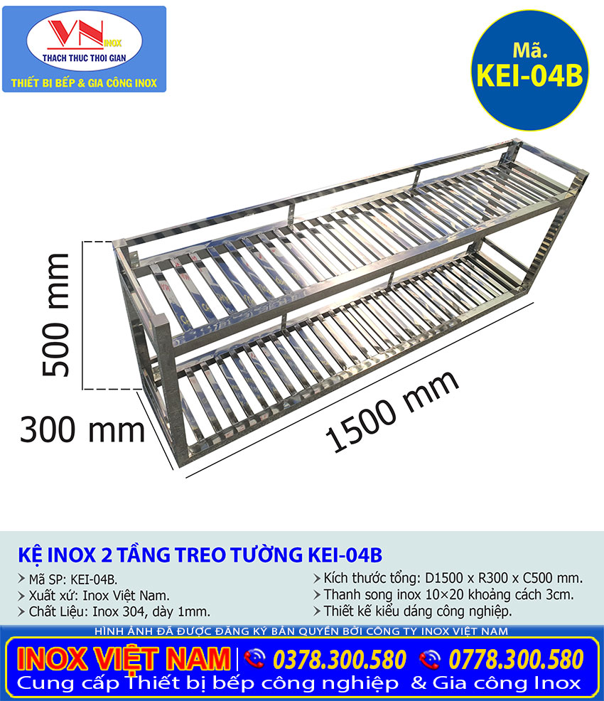 Báo giá kệ inox 2 tầng treo tường, kệ inox nhà bếp. giá tốt tại Inox Việt Nam mã KEI-04B