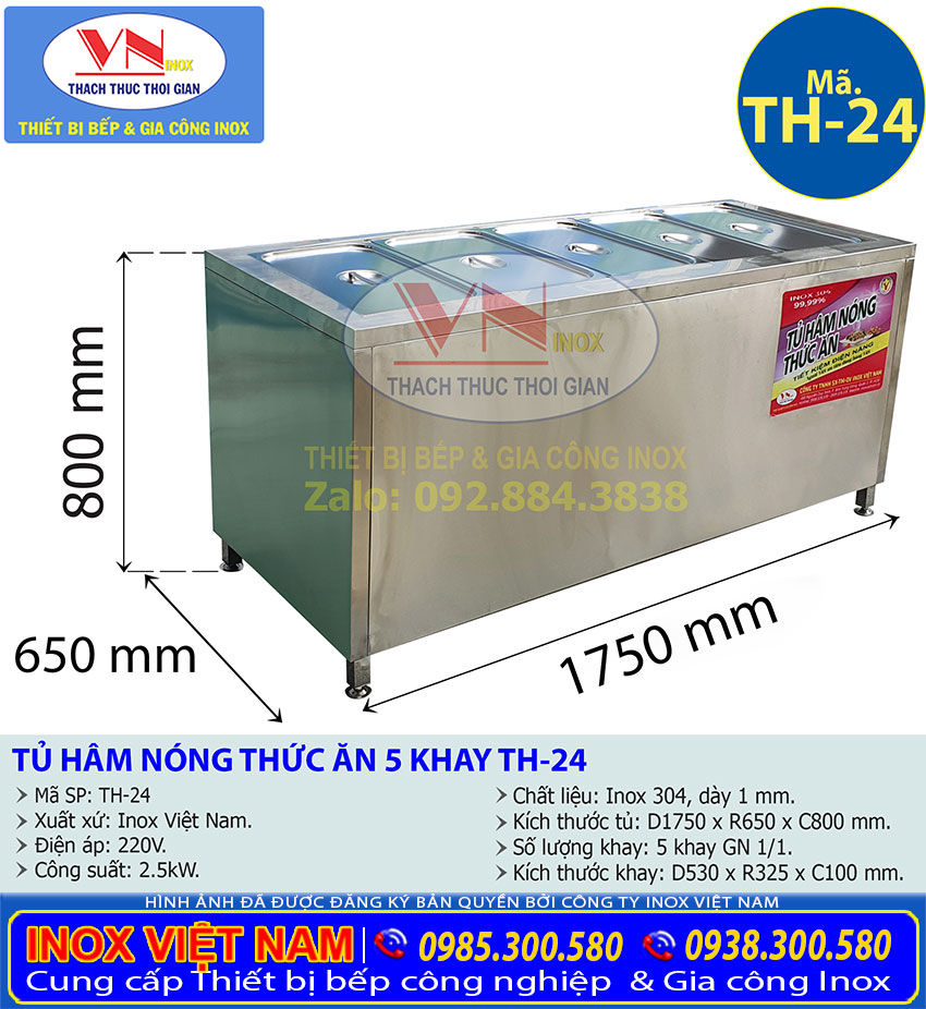 Kích thước Tủ Hâm Nóng Thức Ăn 5 Khay TH-24, tủ bàn hâm nóng thức ăn giá tốt chất lượng