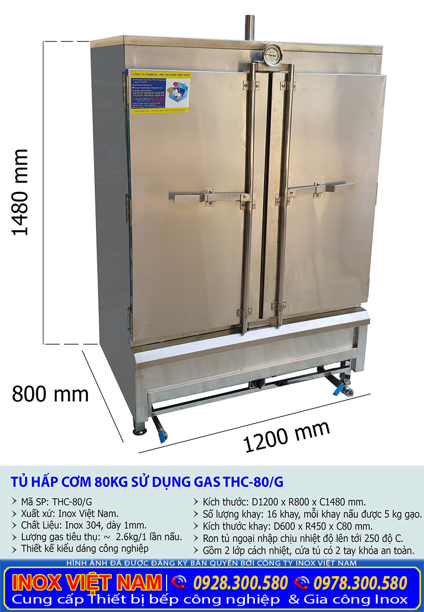 Thông số kỹ thuật tủ hấp cơm công nghiệp 80kg dùng gas chất lượng.