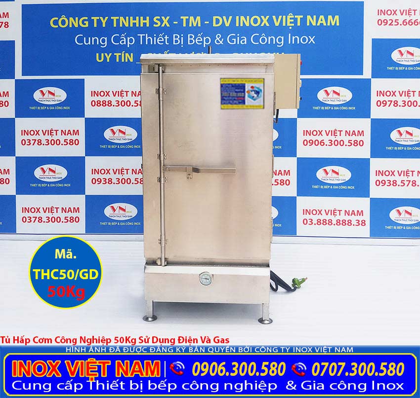 Tủ hấp cơm công nghiệp 50 kg điện và gas chúng tôi Inox Việt Nam mang đến tay khách hàng được sử dụng nhiều hiện nay.