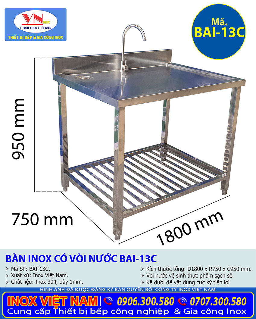 Bàn Inox Có Vòi Nước BAI-13C