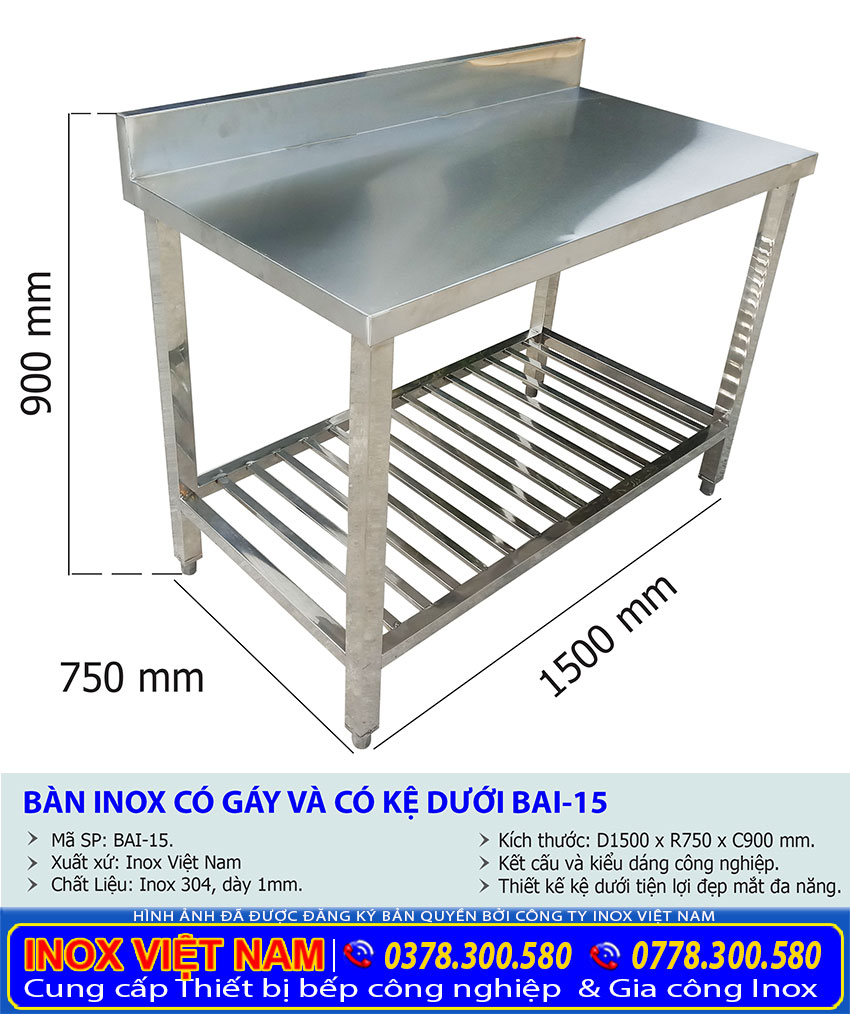 Thông số kỹ thuật có kệ dưới được sản xuất tại Inox Việt Nam.