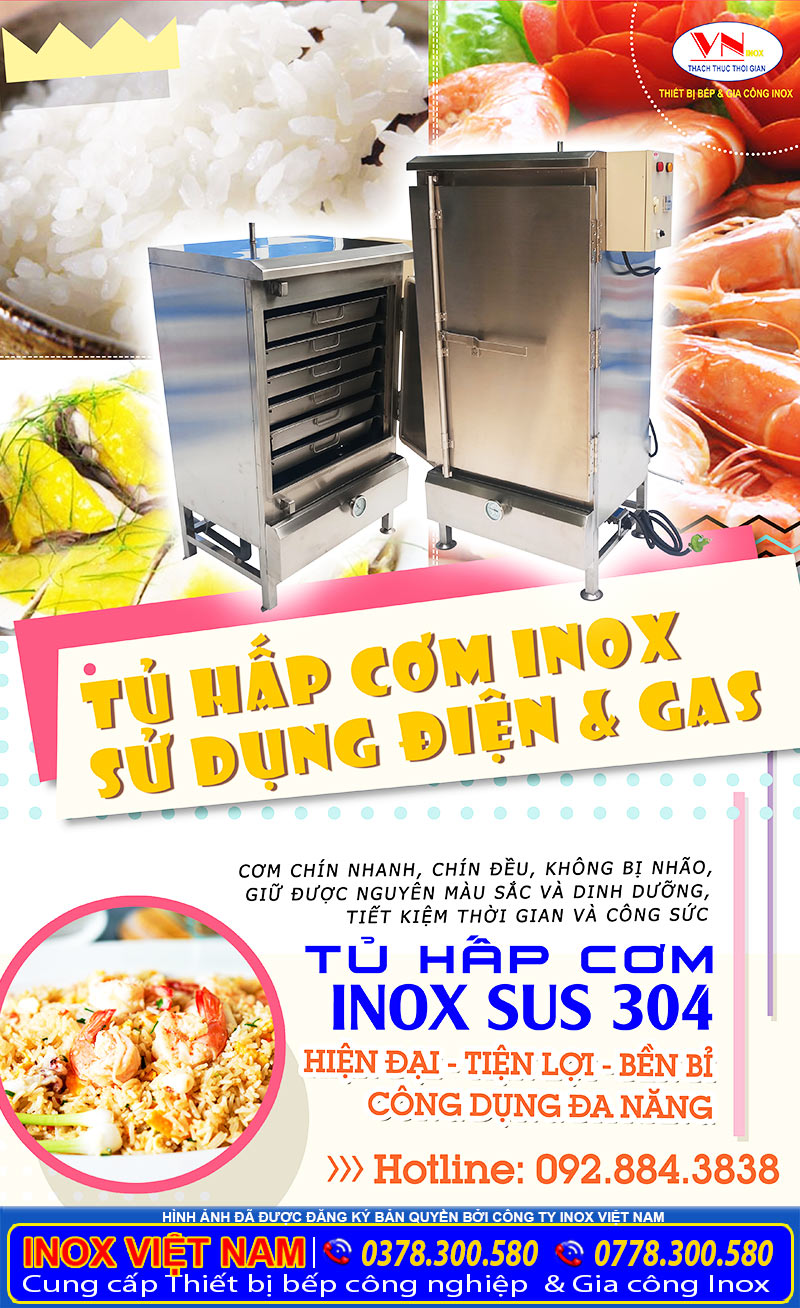 Địa chỉ bán tủ hấp cơm inox công nghiệp bằng gas hoặc cả điện và gas uy tín chất lượng hiện nay.