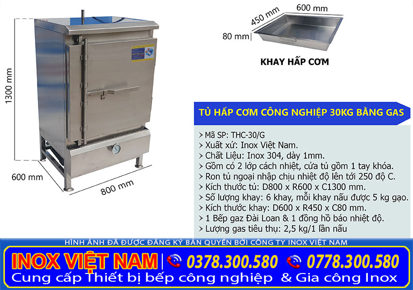 Địa chỉ mua tủ hấp cơm công nghiệp 30 kg gạo bằng gas. Liên hệ Inox Việt Nam ngay.
