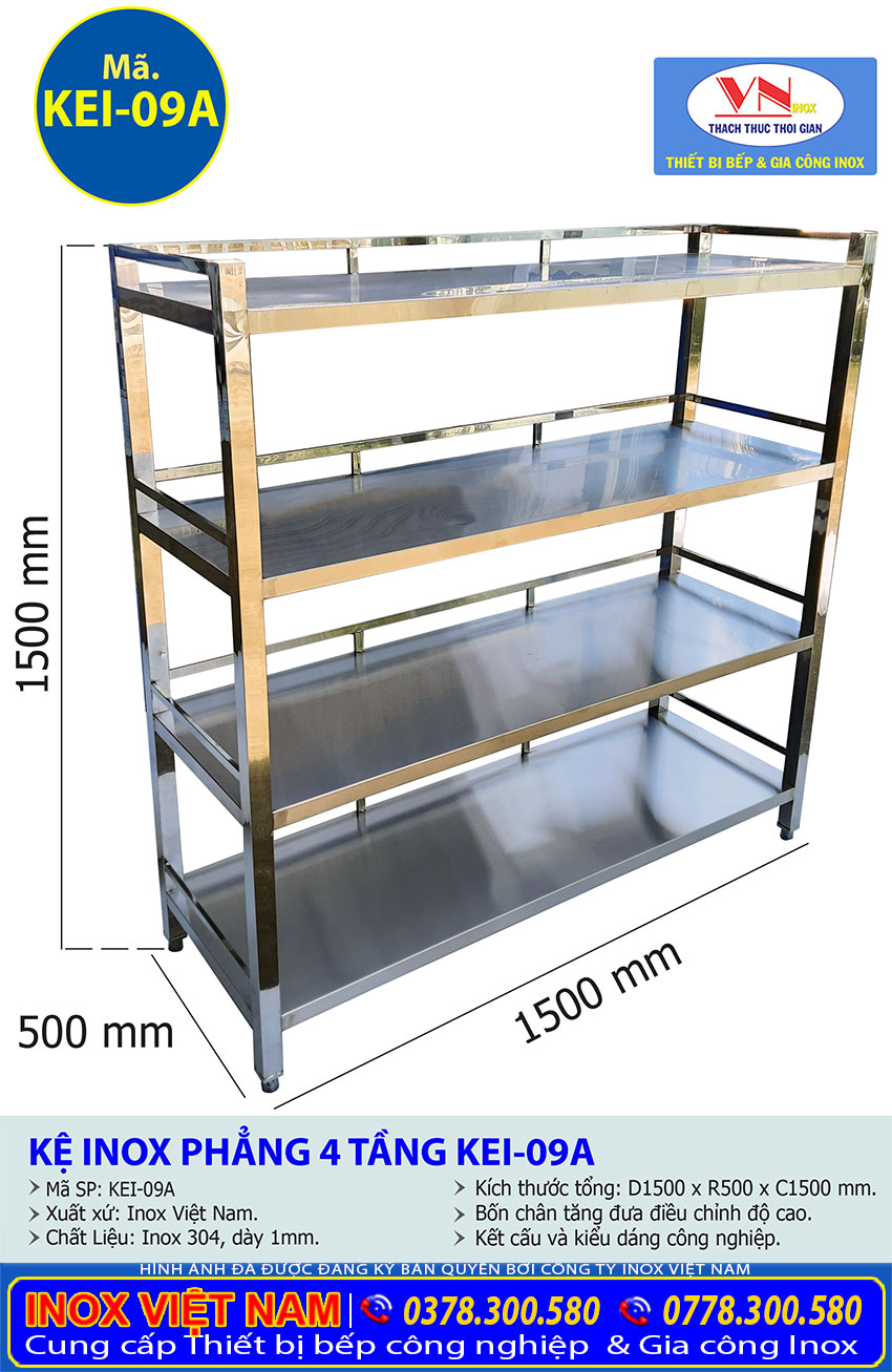 kích thước kệ inox 4 tầng loại phẳng KEI-09A, kệ inox công nghiệp nhà bếp 4 tầng úp chén ly bát.