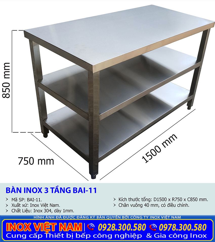 Bàn sơ chế inox có 3 tầng bằng inox bền đẹp chất lượng.