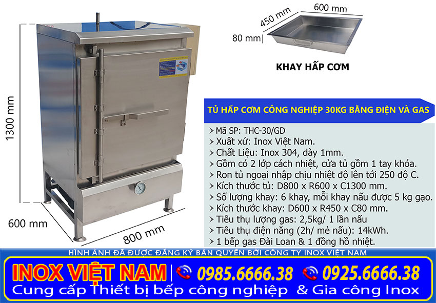 Kích thước và công suất tủ hấp cơm công nghiệp 30KG dùng điện và gas