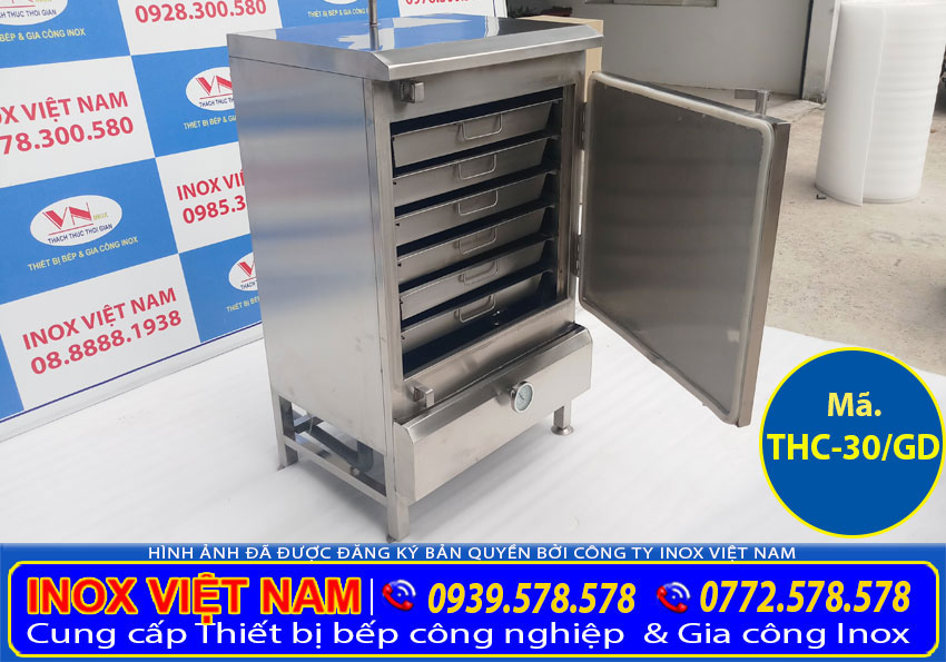 Inox Việt Nam địa chỉ bán tủ hấp cơm công 30kg, tủ cơm công nghiệp bằng gas và điện 30kg gạo uy tín.