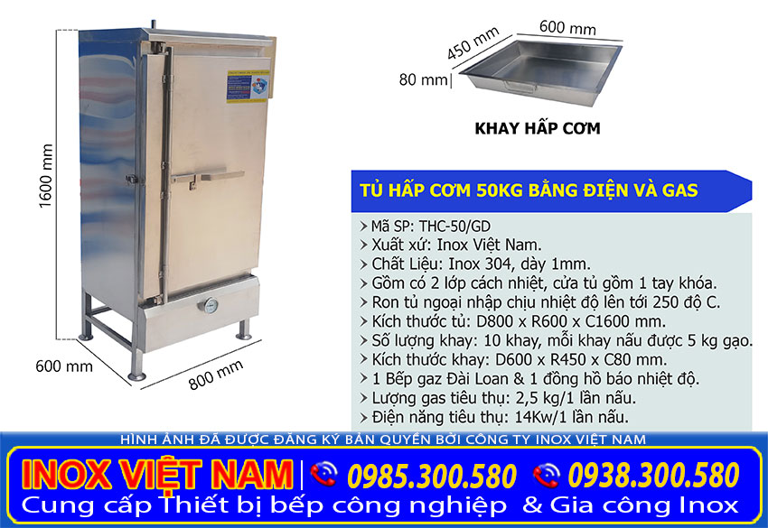 Tủ nấu cơm công nghiệp 50 kg bằng điện và gas, tủ hấp cơm công nghiệp giá tốt tại Inox Việt Nam.