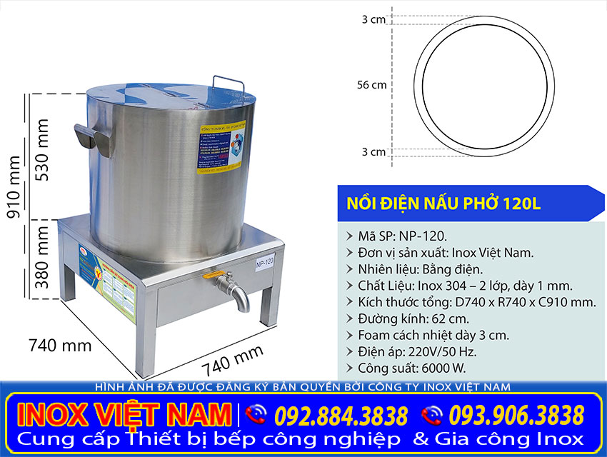 Thông số kỹ thuật Nồi Hầm Xương Bằng Điện 120 Lít NHX-120