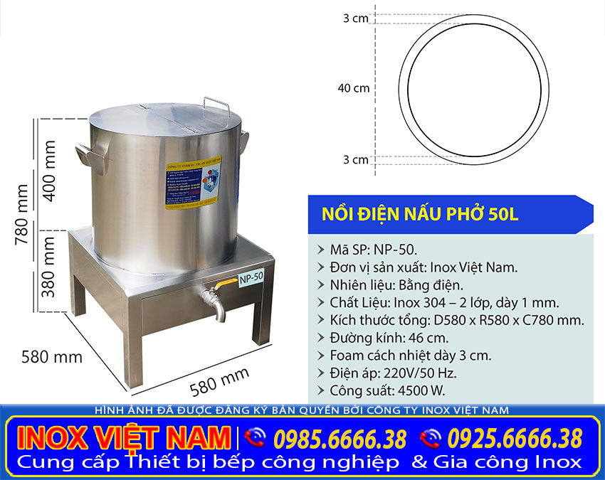 Địa chỉ mua nồi nấu hủ tiếu bằng điện 50L, nồi nấu hủ tiếu điện loại 50L giá tốt tại Xưởng Inox Việt Nam.