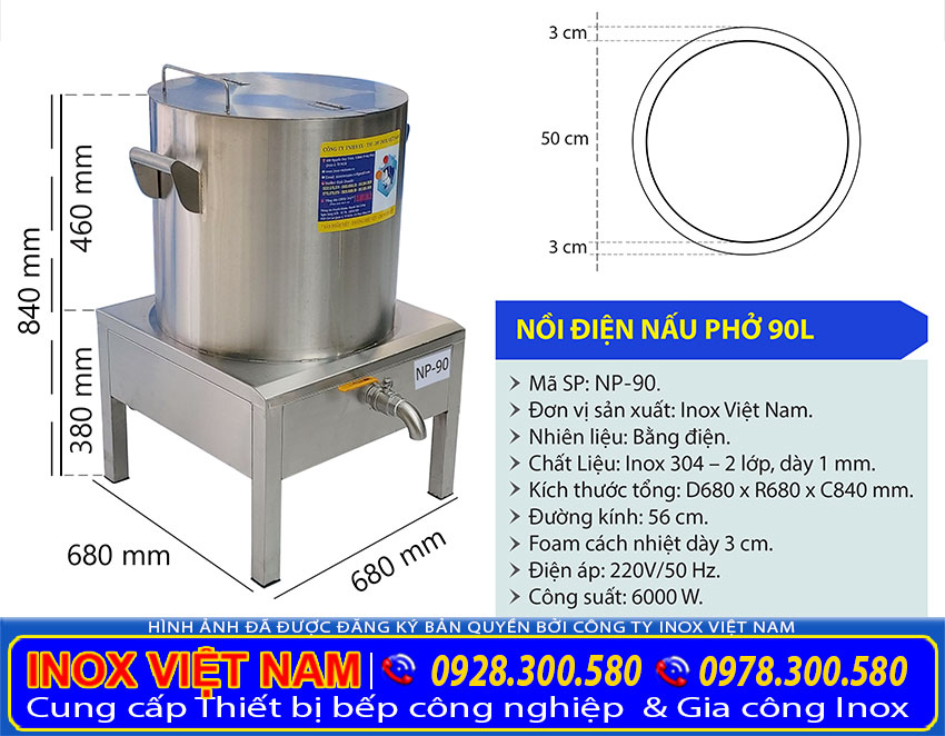 Kích thước nồi nấu phở bằng điện 90 lít giá tốt tại xưởng Inox Việt Nam.