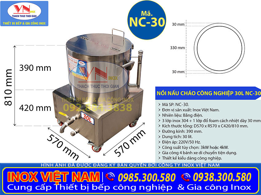 Thông số kỹ thuật nồi nấu cháo bằng điện 30 lít giá tốt NC30 được sản xuất tại Inox Việt Nam