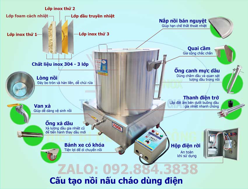 Nồi nấu cháo bằng điện inox 304 có cấu tạo chất lượng bền đẹp an toàn và đẹp mắt