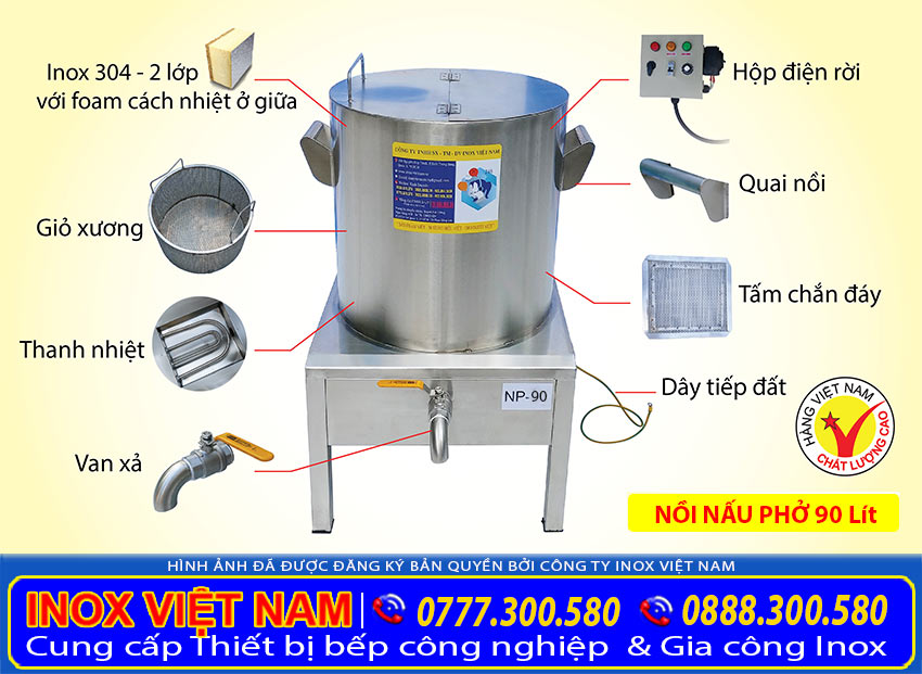 Cấu tạo nồi nấu phở bằng điện 90L, nồi nấu nước phở bằng điện loại 90 chất liệu inox 304.