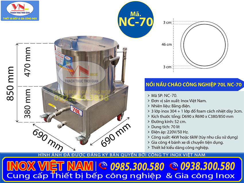 Thông số kỹ thuật Nồi nấu cháo bằng điện 70L NC-70 chất lượng cao