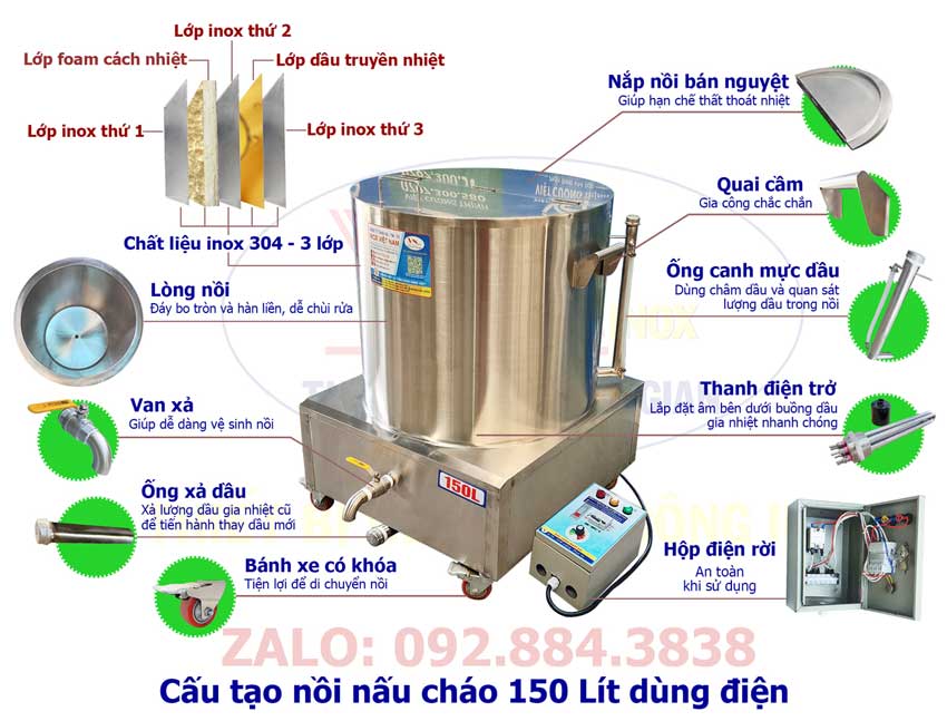 Cấu tạo nồi nấu cháo công nghiệp bằng điện 150 lít NC-150