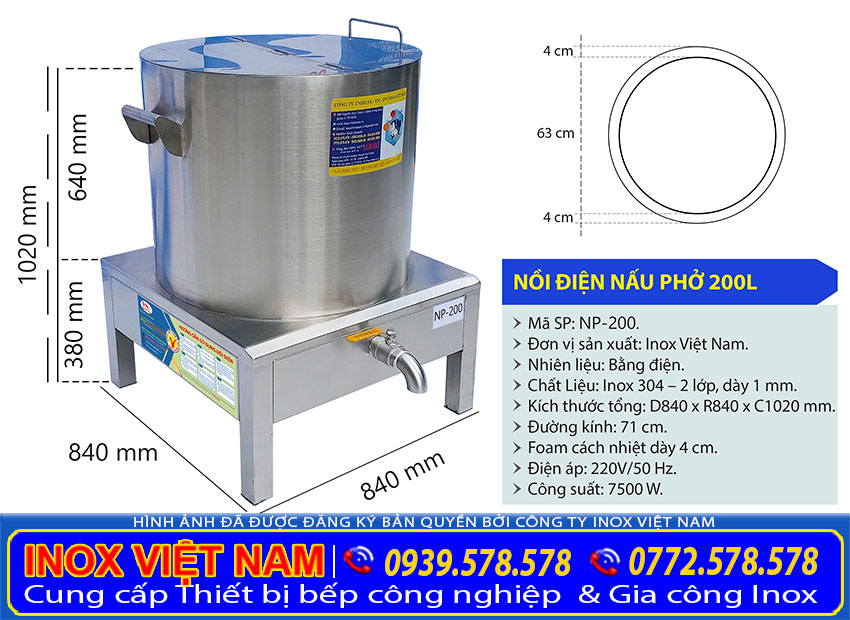 Kích thước nồi nấu phở bằng điện có dung tích 200 lít giá tốt.