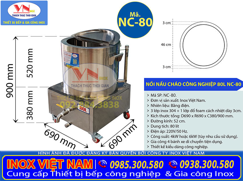 Thông số kỹ thuật nồi nấu cháo công nghiệp bằng điện 80L NC-80