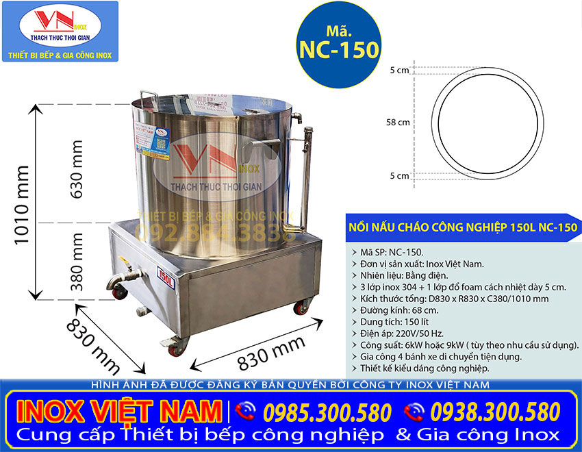 Thông số kỹ thuật nồi nấu cháo công nghiệp chất lượng bằng điện 150L NC-150