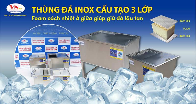 Sản phẩm thùng đá inox, thùng chứa đá inox, thùng đựng đá inox giữ nhiệt tốt mẫu mã sang trọng tại xưởng của chúng tôi Inox Việt Nam.