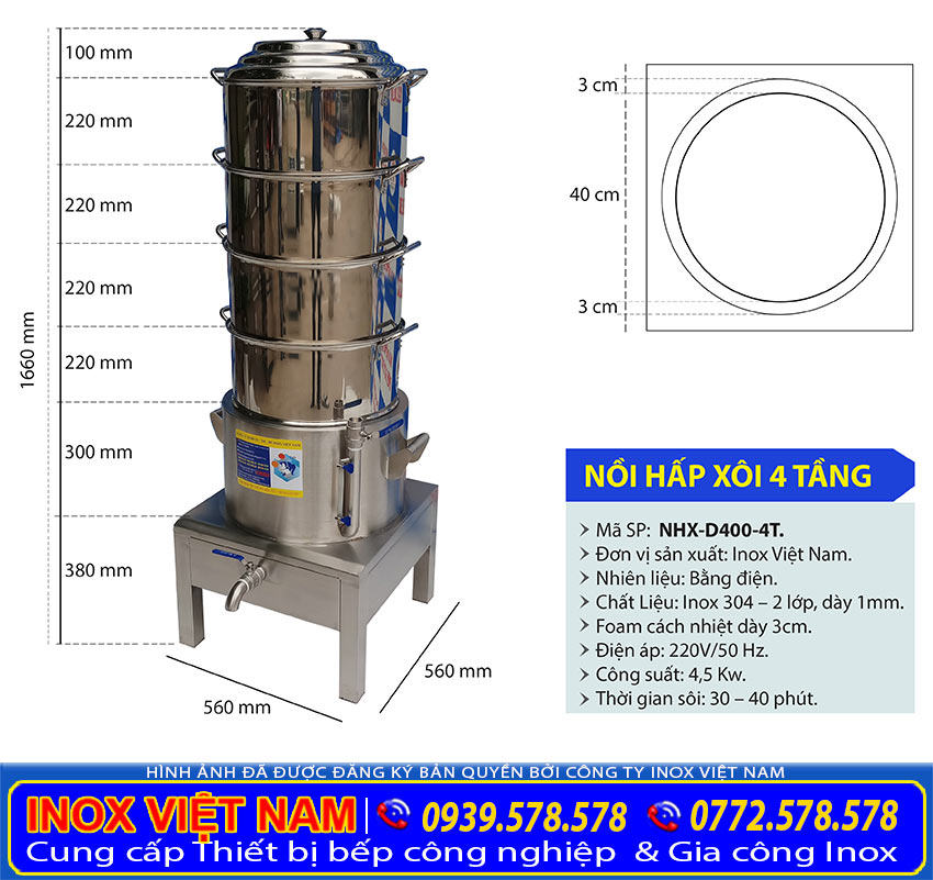 Kích thước nồi hấp xôi bằng điện công nghiệp 4 tấng giá gốc tại xưởng IVN sản phẩm nồi hấp điện công nghiệp chính hãng được sự dụng rộng rãi.