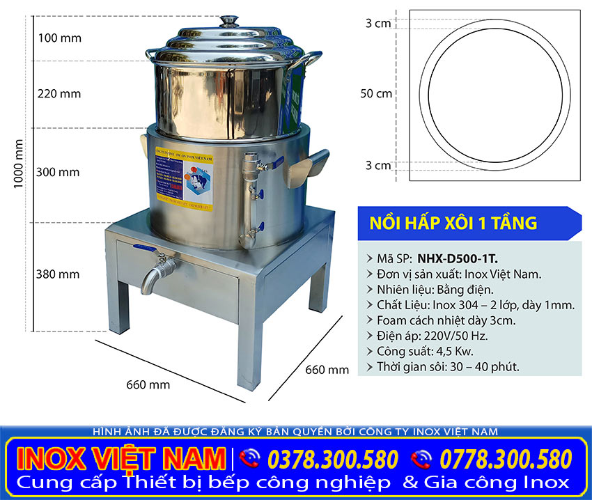 kích thước nồi đồ hấp xôi công nghiệp bằng điện 1 tầng có size D500mm tại xưởng sản xuất nồi hấp điện Inox Việt Nam.
