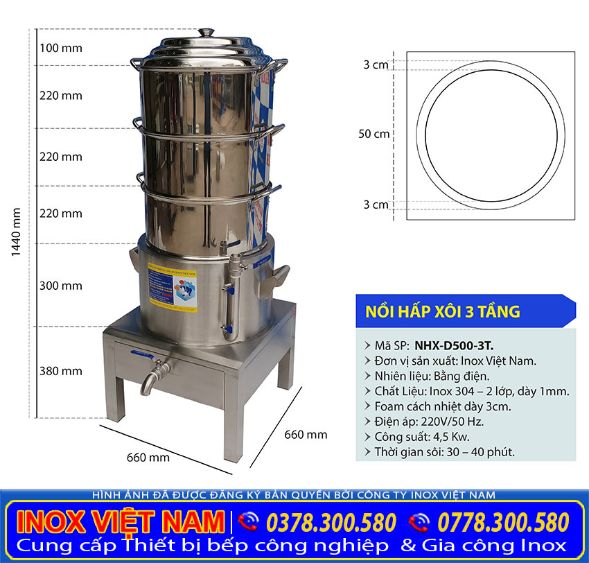 Kích thước nồi đồ hấp xôi điện công nghiệp 3 tầng, bộ nồi hấp xôi công nghiệp size D500mm 3 tầng chất lượng tại xưởng IVN.