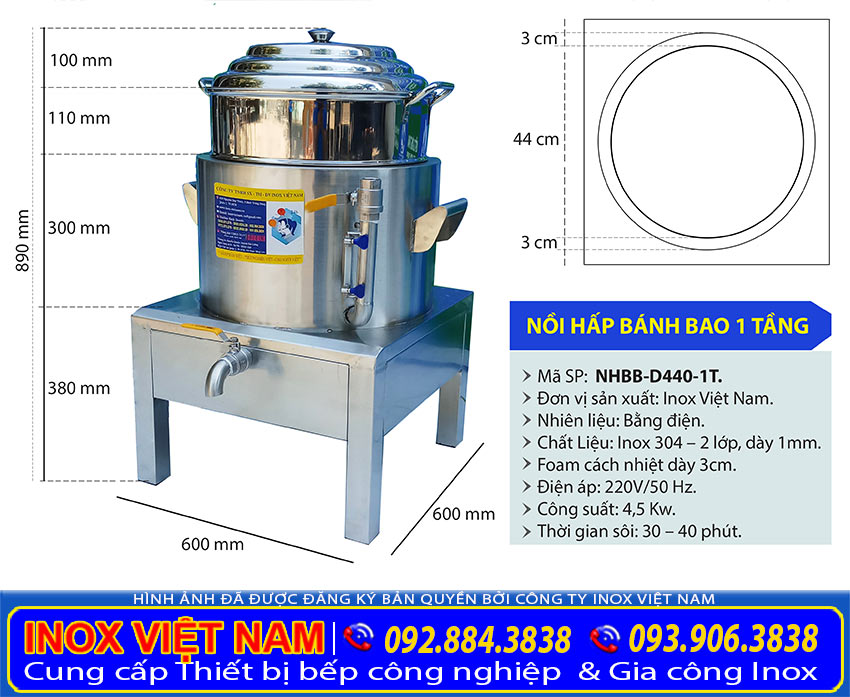 Kích thước nồi hấp bánh bao bằng điện size D440 tại xưởng sản xuất Inox Việt Nam.
