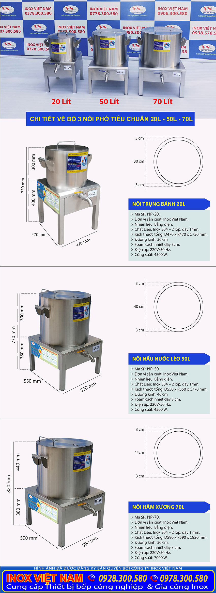 kích thước bộ 3 nồi điện nấu phở, nồi nấu phở bằng điện 20 lít, 50 lít, và 70 lít tại phòng trưng bày của Inox Việt Nam chúng tôi.