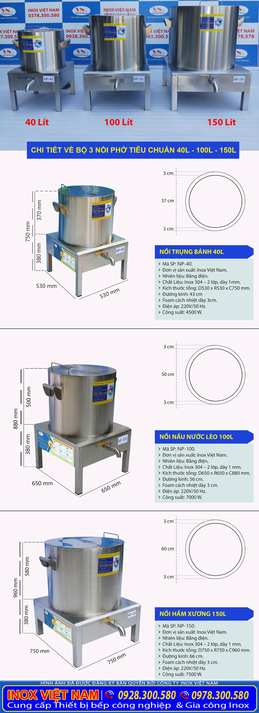 Kích thước nồi nấu phở bằng điện công nghiệp 40 lít 100 lít 150 lít tại nhà sản xuất Inox Việt Nam.