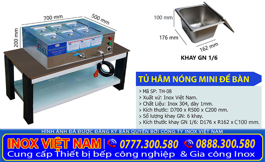Kích thước tủ hâm nóng thức ăn mini để bàn, máy hâm nóng thức ăn công nghiệp do Inox Việt Nam sản xuất.