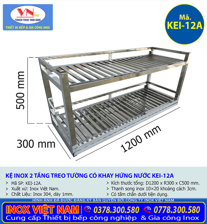 Kệ Inox 2 Tầng Treo Tường Có Khay Hứng Nước KEI-12 tại Inox Việt Nam mã KEI-12A