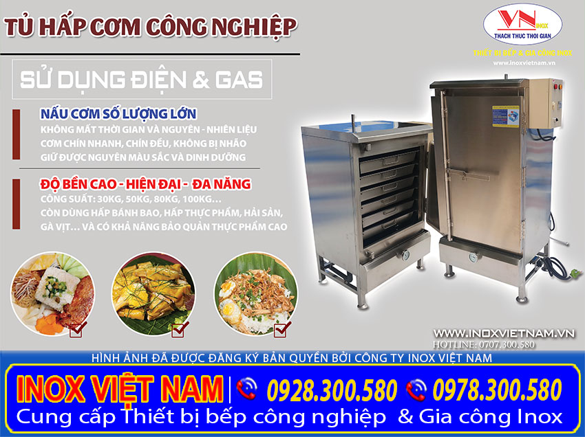 Báo giá tủ hấp cơm công nghiệp tại TPHCM, tủ hấp cơm công nghiệp bằng gas, tủ cơm công nghiệp điện và gas giá tốt tại xưởng.