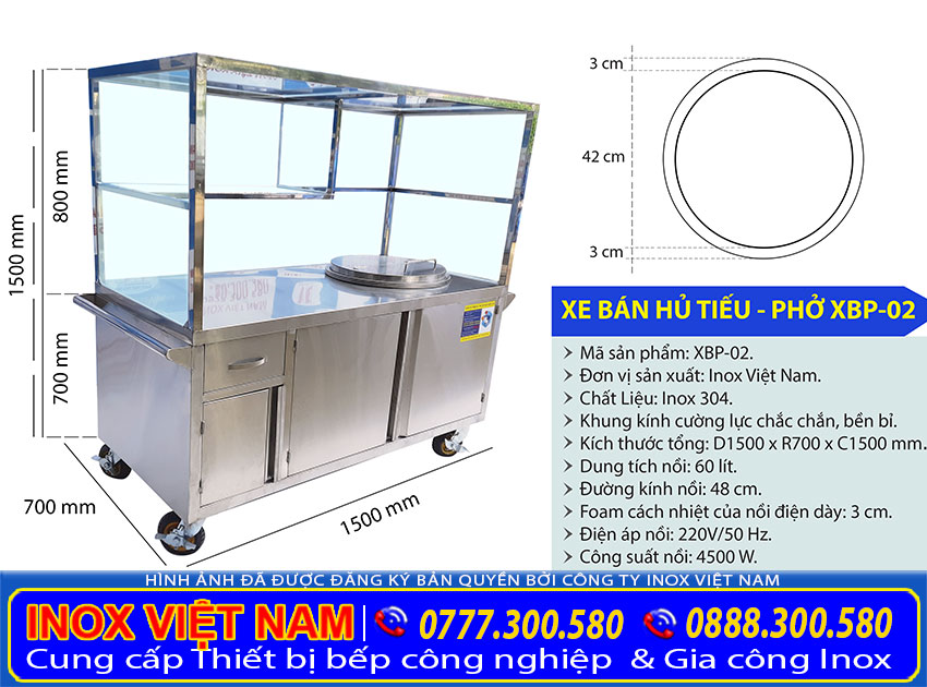 Báo giá xe đẩy bán hủ tiếu, xe đẩy bán phở inox bằng điện có nồi nấu nước lèo bằng điện 60 lít tại xưởng sản xuất Inox Việt Nam.