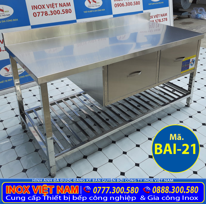 Bàn bếp inox có hộc tủ, bàn inox có 2 hộc, bàn inox tích hợp 2 hộc tủ và kệ song bên dưới