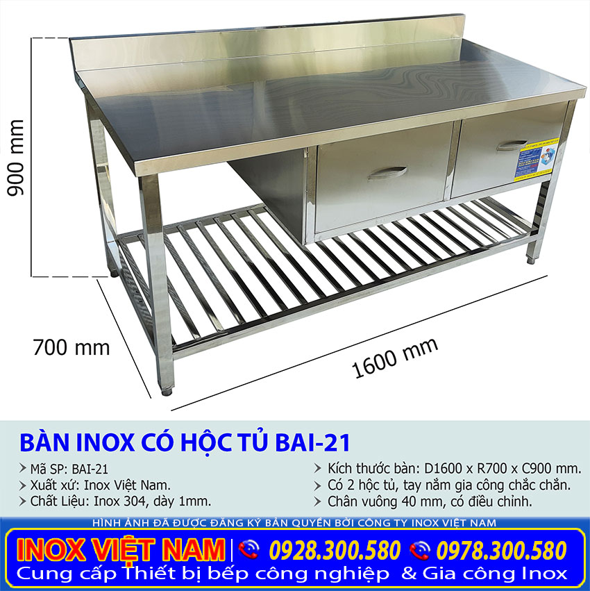 Kích thước bàn bếp inox có 2 hộc tủ, bàn bếp inox có hộc tủ đẹp sang trọng tiện ích cao.