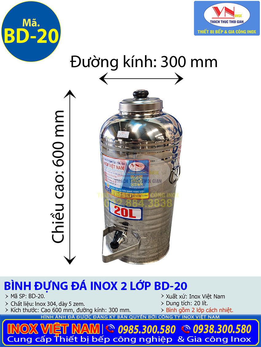 Đây là thông số kỹ thuật bình đá inox có vòi gat 20 lít cách nhiệt BD-20