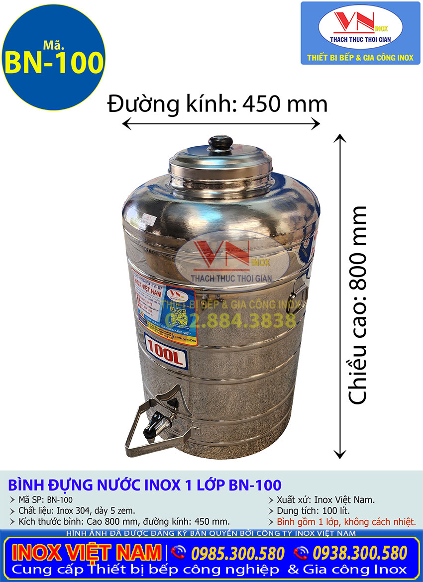 Thông Số Kỹ Thuật Bình Nước Đá Inox 100L 1 Lớp Inox 304 Không Cách Nhiệt, Có 1 Vòi Gạt