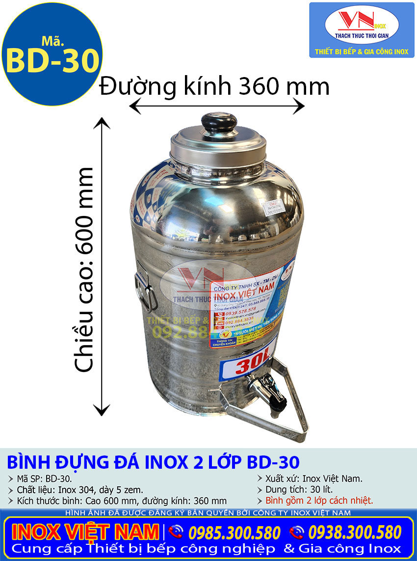 Đây là thông số kỹ thuật Kích thước bình chứa nước đá inox 2 lớp có dung tích 30 lít BD-30 giá tốt tại Inox Việt Nam