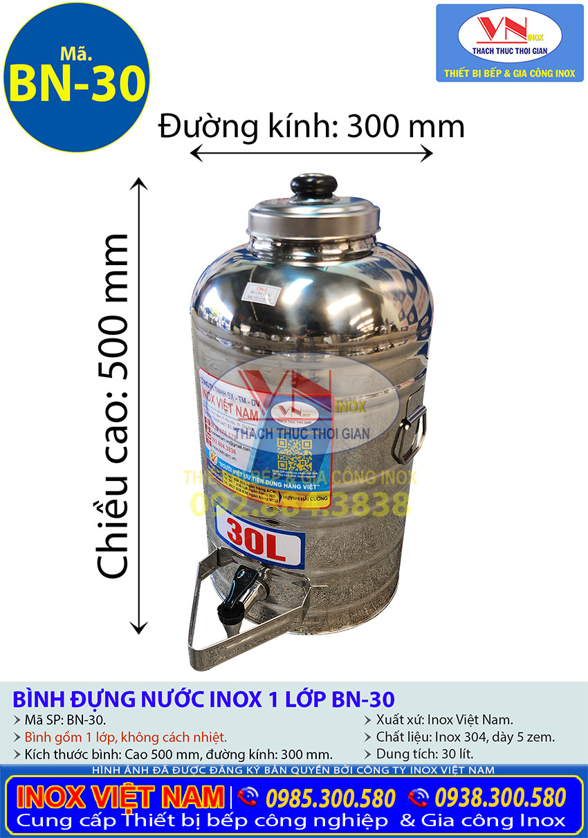 Thông số kỹ thuật bình đựng nước đá inox có vòi gạt 30 lít loại 1 lớp, không cách nhiệt