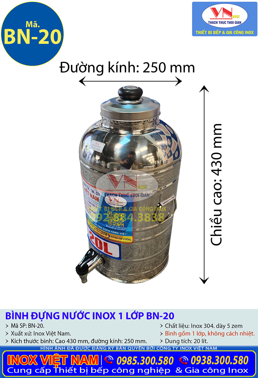 Thông số kỹ thuật bình đựng nước đá inox có vòi gạt 20 lít