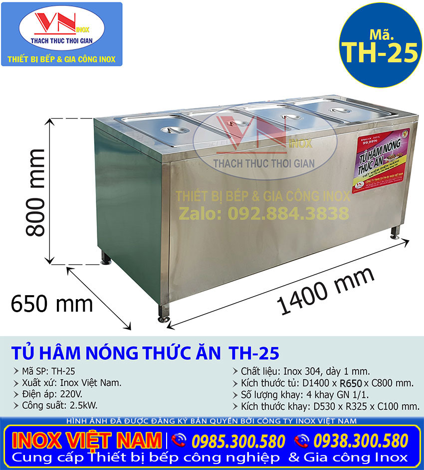 Kích thước Tủ Hâm Nóng Thức Ăn 4 Khay TH-25, bàn hâm nóng thức ăn có 4 khay giá tốt