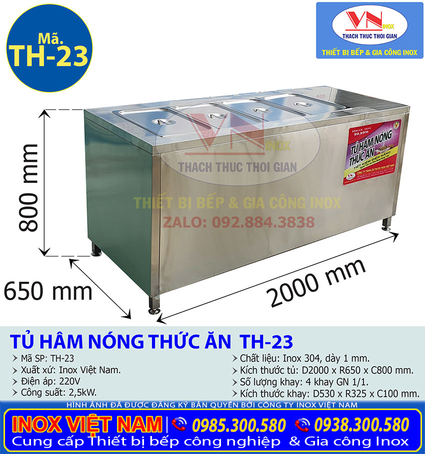 Kích thước kỹ thuật Tủ Hâm Nóng Thức 4 Khay TH-23, tủ hâm nóng thức ăn giá tốt tại Inox Việt Nam.