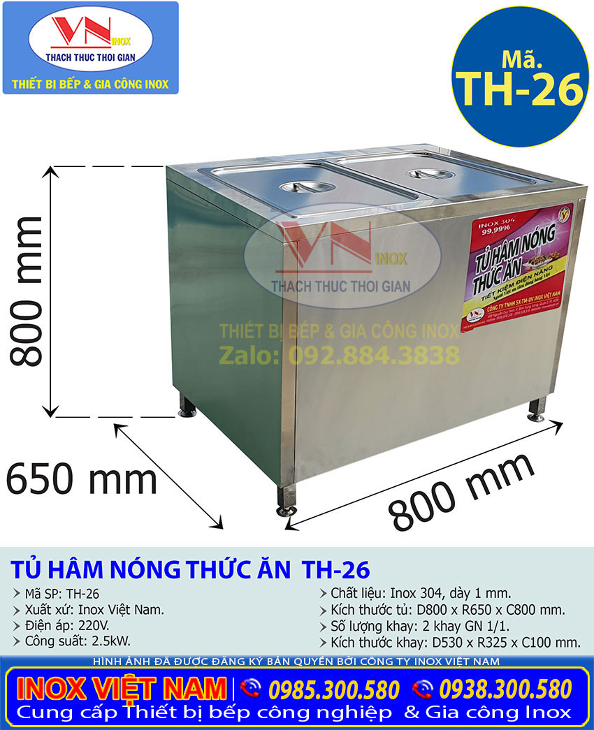 Kích thước Tủ Hâm Nóng Thức Ăn 2 Khay TH-26, bàn hâm nóng thức ăn có 2 khay topping đựng thức ăn giá tốt