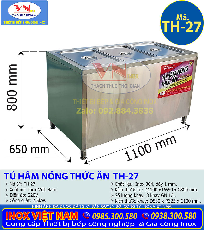 Kích thước Tủ Hâm Nóng 3 Khay TH-27, bàn hâm nóng thức ăn mini có 3 khay topping đựng thức ăn giá tốt