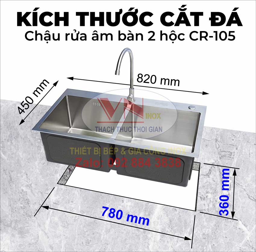 Kích Thước Khoét Mặt Đá Chậu Rửa Inox 304 Có 2 Bồn Rửa Âm Bàn CR-105